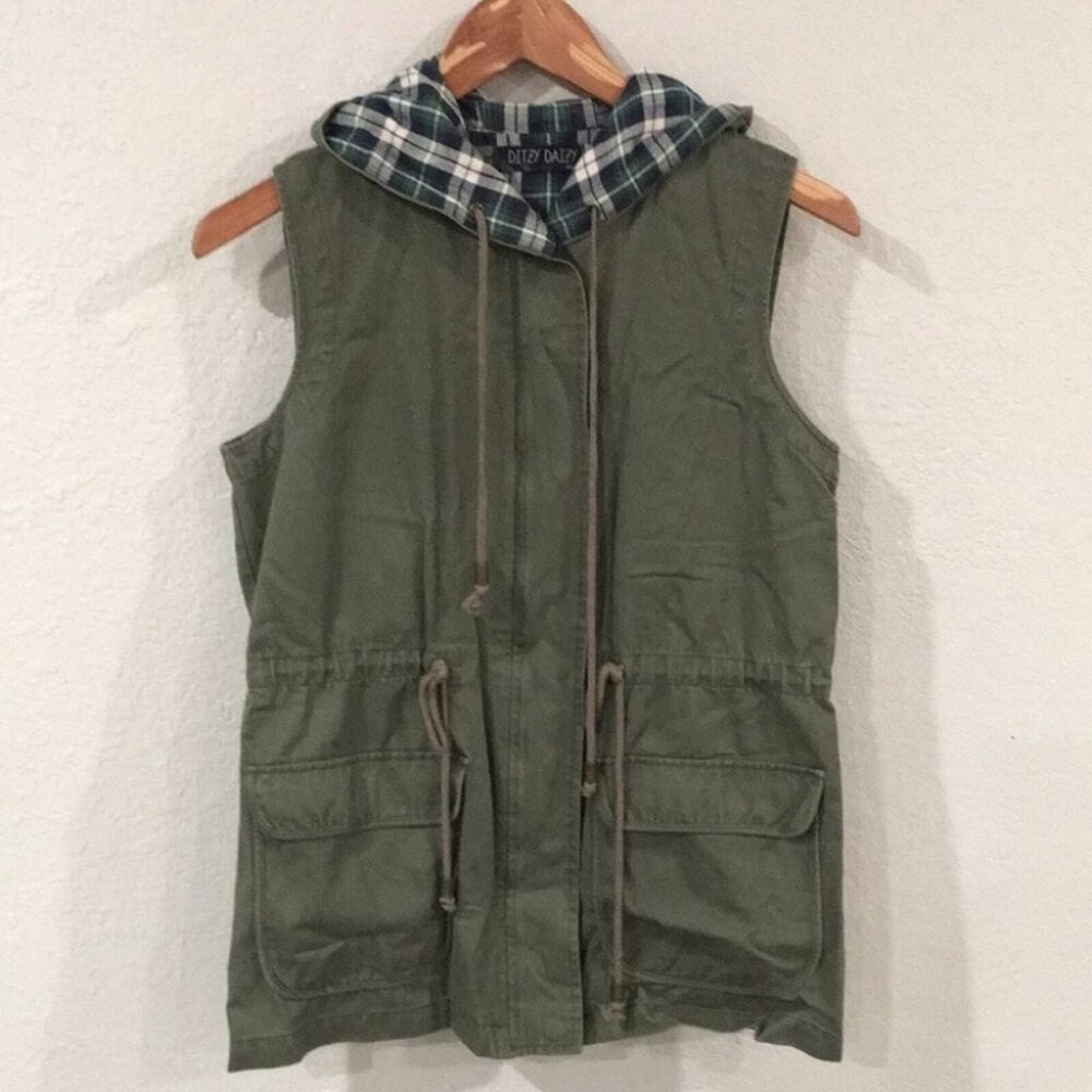 Ditzy Daizy Women's Sz S Hooded Utility Vest Army Green Cotton